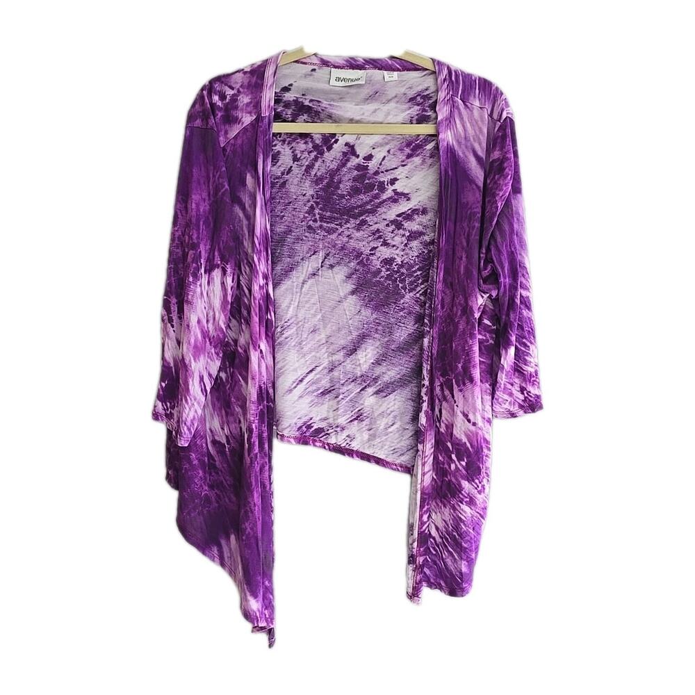 Avenue Purple Tie Dye Draped Open Front Long Sleeve Top Womans Plus Size 18/20‎